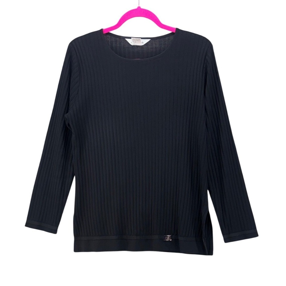 Exclusively Misook Womens Black Ribbed Knit Long Sleeve Crew Neck Top Size M